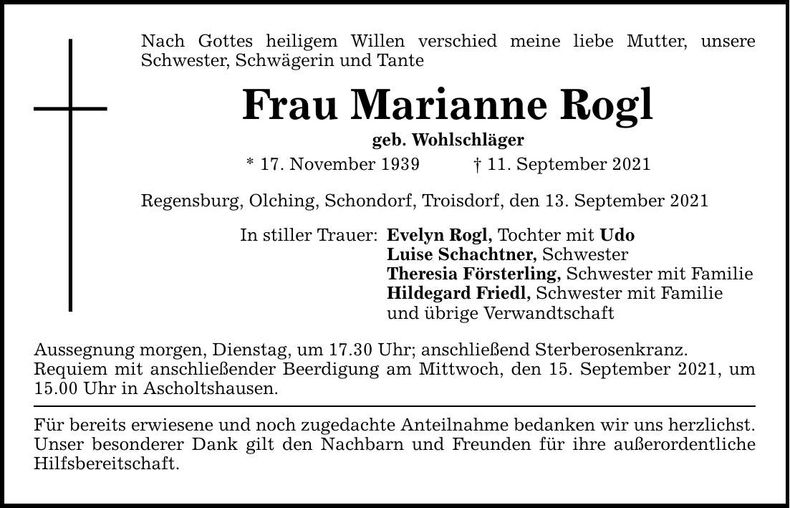 Traueranzeige Marianne Rogl