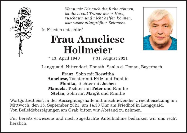 Traueranzeige Anneliese Hollmeier