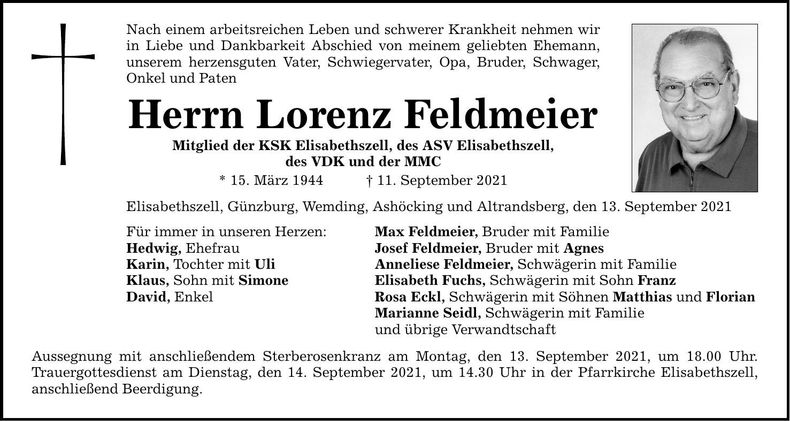 Traueranzeige Lorenz Feldmeier