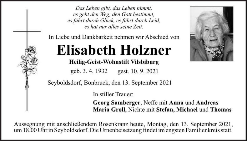 Traueranzeige Elisabeth Holzner