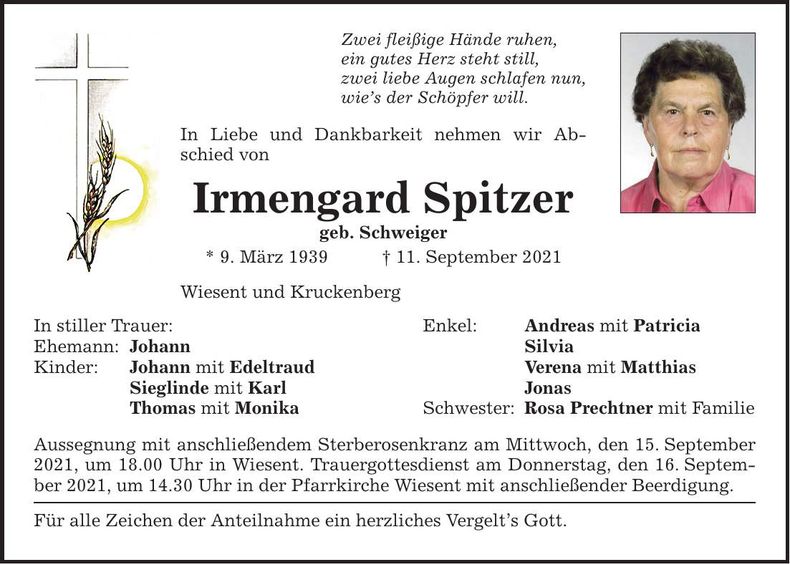 Traueranzeige Irmengard Spitzer