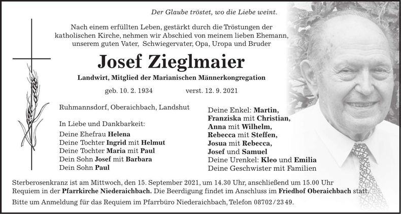 Traueranzeige Josef Zieglmaier