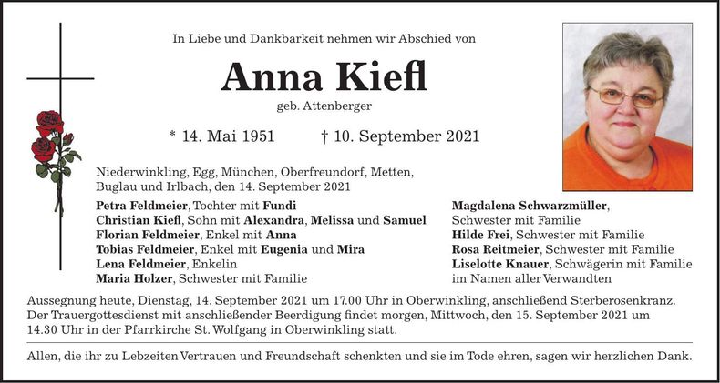 Traueranzeige Annna Kiefl