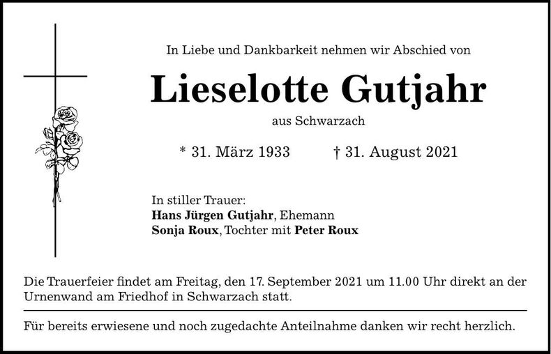 Traueranzeige Lieselotte Gutjahr
