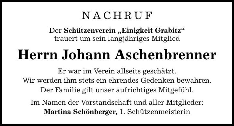 Traueranzeige Johann Aschenbrenner