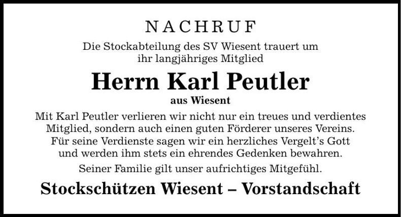 Traueranzeige Karl Peutler