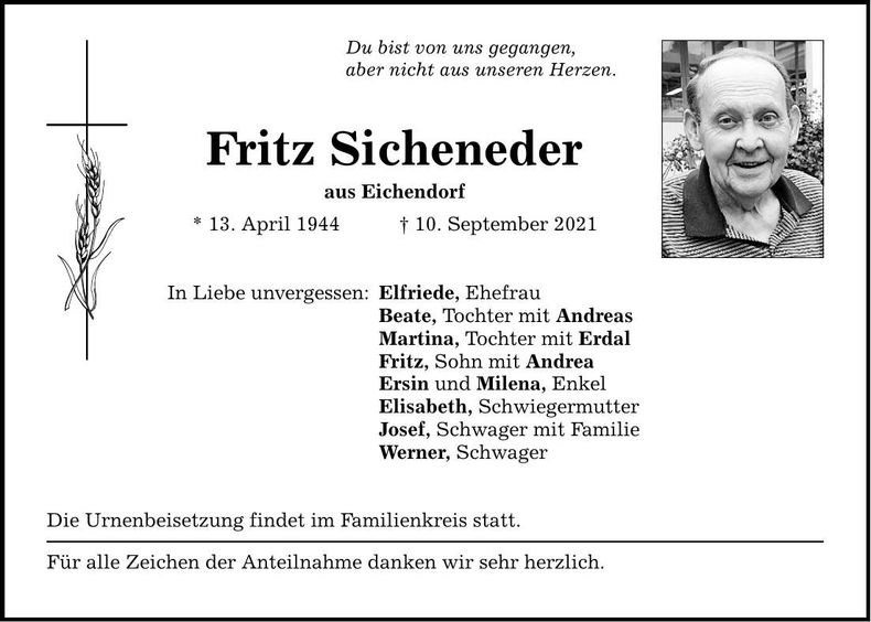 Traueranzeige Fritz Sicheneder