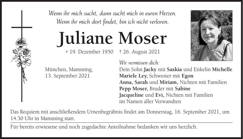 Traueranzeige Juliane Moser