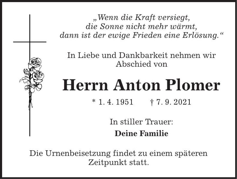 Traueranzeige Anton Plomer