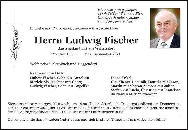 Traueranzeige Ludwig Fischer