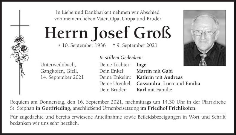 Traueranzeige Josef Groß