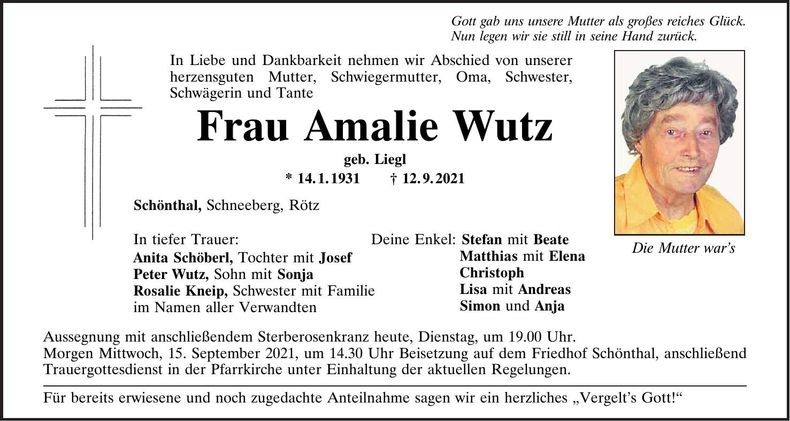 Traueranzeige Amalie Wutz