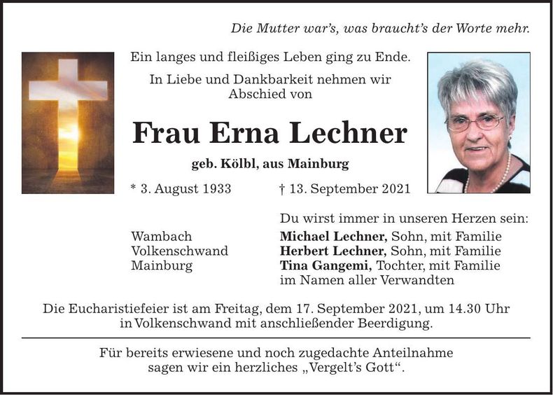 Traueranzeige Erna Lechner