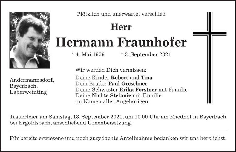 Traueranzeige Hermann Fraunhofer