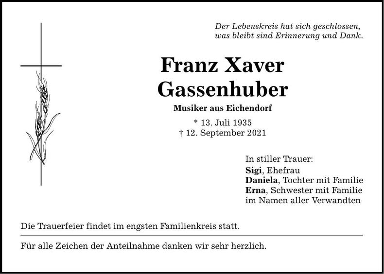 Traueranzeige Franz Xaver Gassenhuber