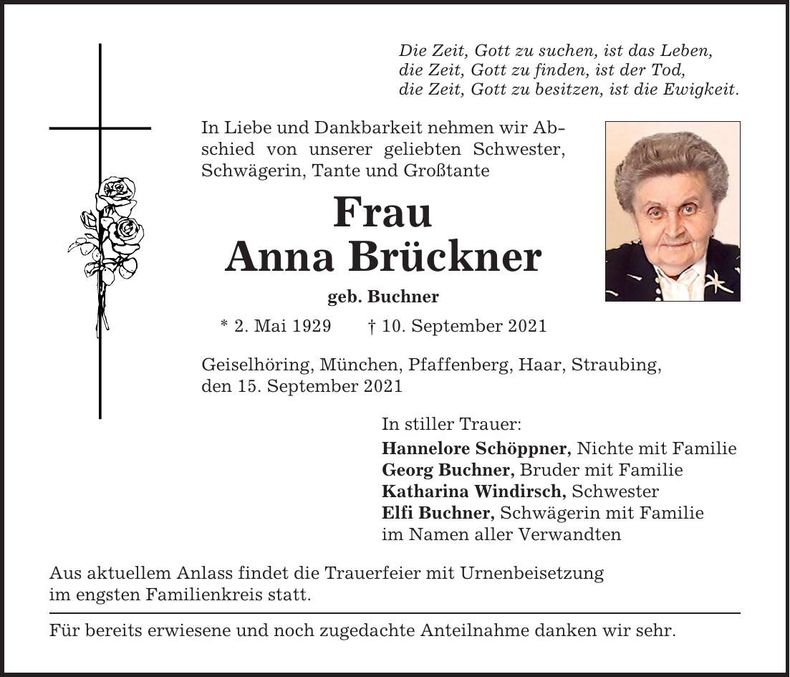 Traueranzeige Anna Brückner