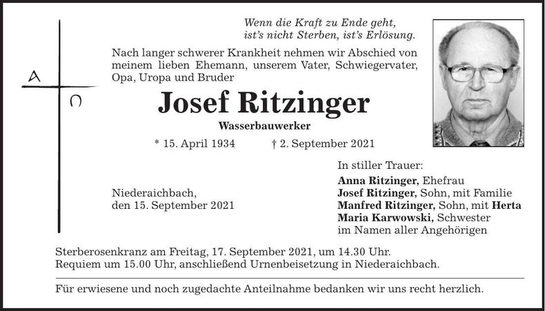 Traueranzeige Josef Ritzinger