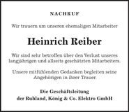 Traueranzeige Heinrich Reiber