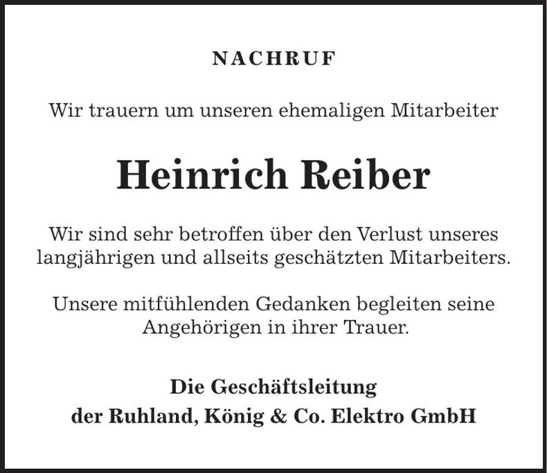 Traueranzeige Heinrich Reiber