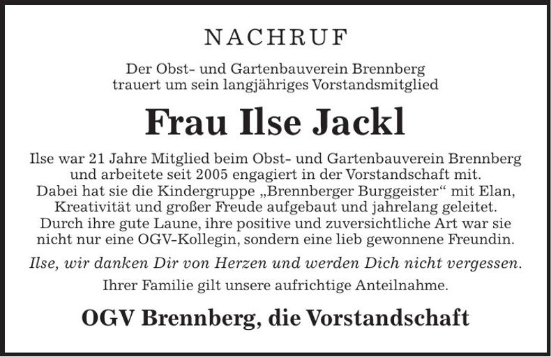 Traueranzeige Ilse Jackl