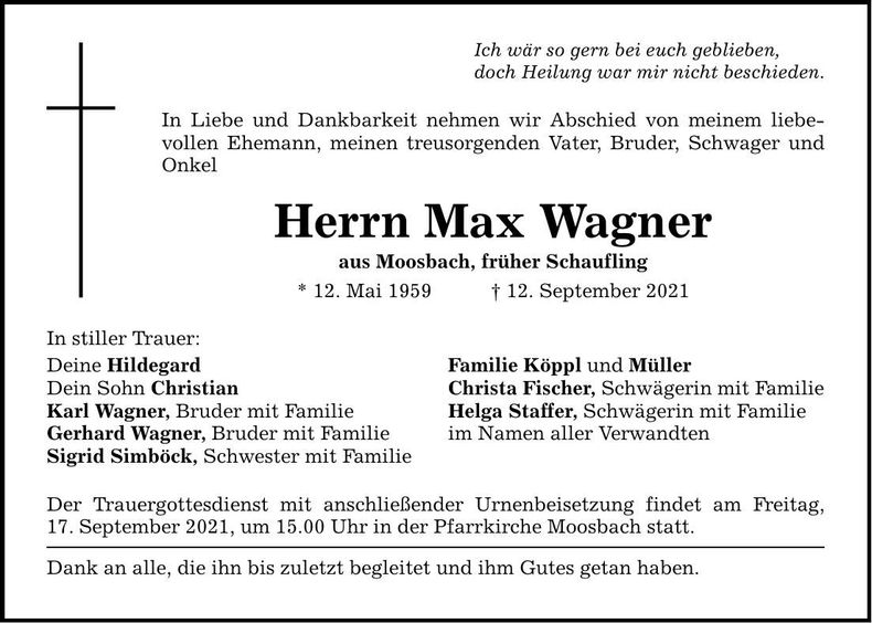 Traueranzeige Max Wagner