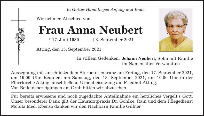 Traueranzeige Anna Neubert