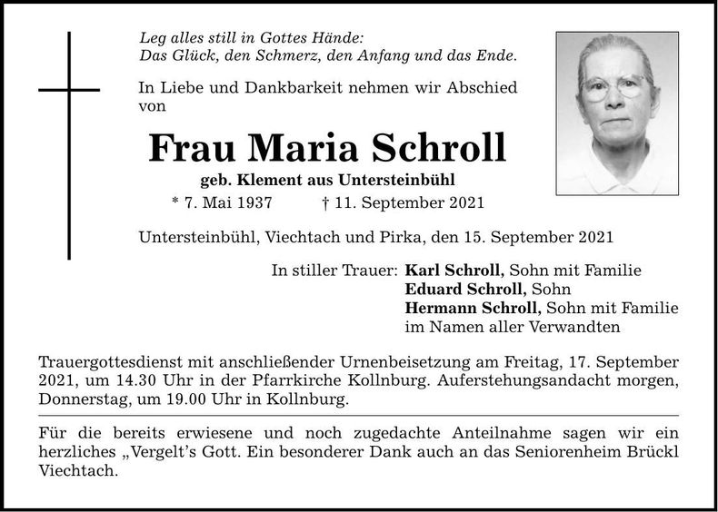Traueranzeige Maria Schroll