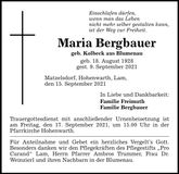Traueranzeige Maria Bergbauer