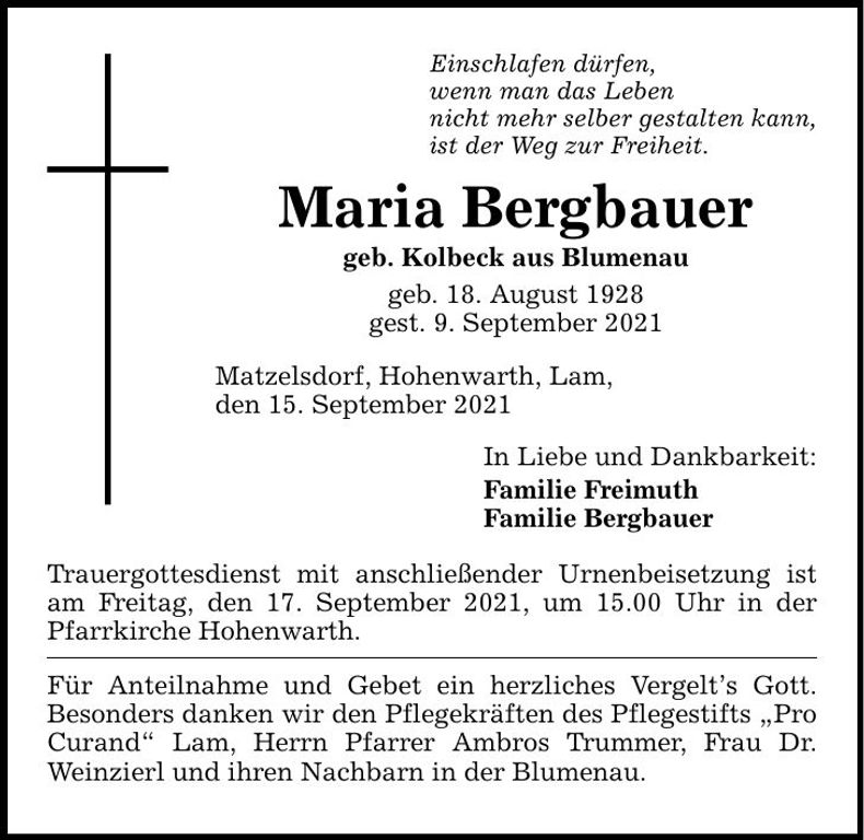 Traueranzeige Maria Bergbauer
