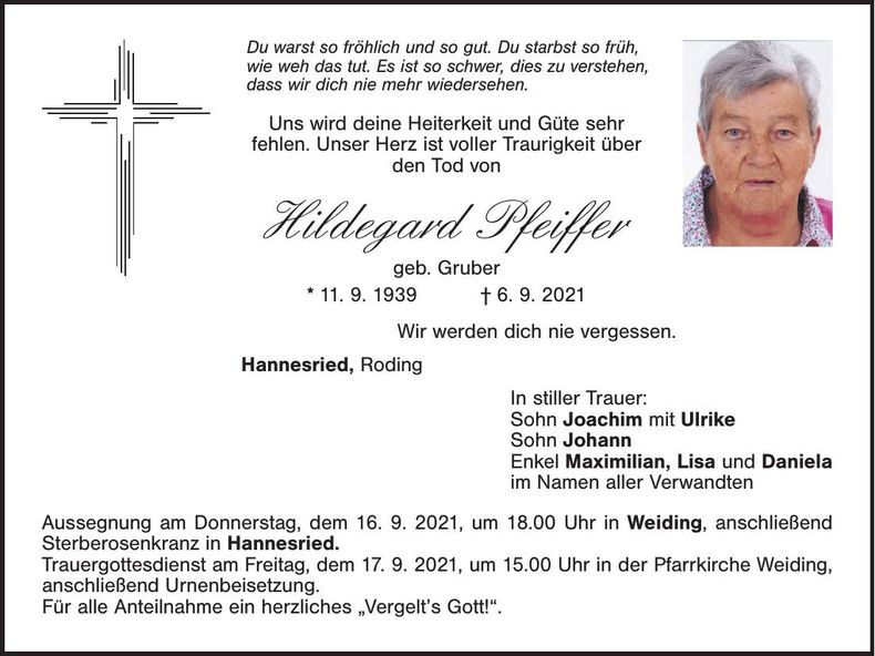 Traueranzeige Hildegard Pfeiffer