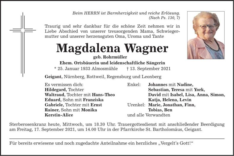 Traueranzeige Magdalena Wagner