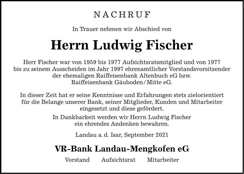 Traueranzeige Ludwig Fischer