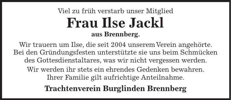 Traueranzeige Ilse Jackl
