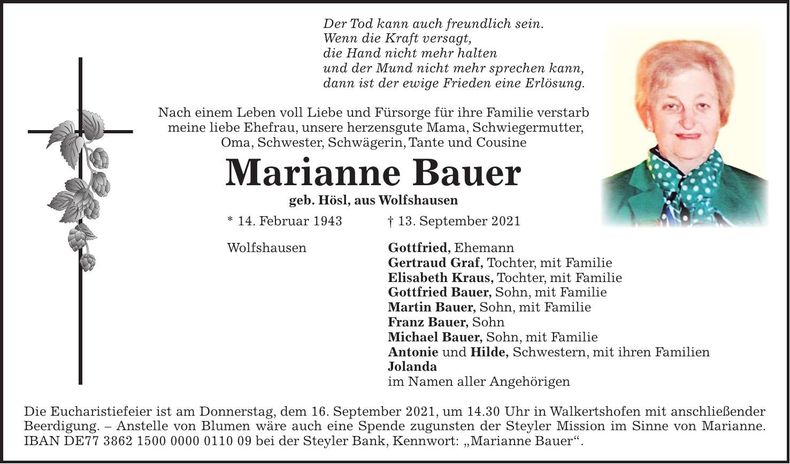 Traueranzeige Marianne Bauer