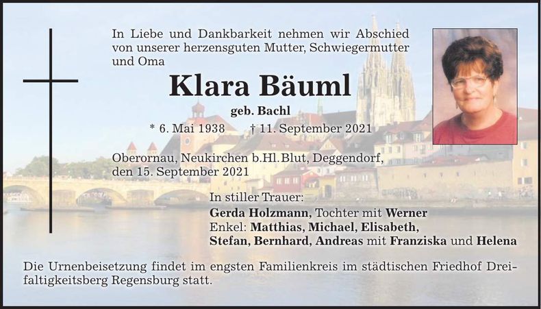Traueranzeige Klara Bäuml