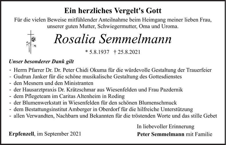 Traueranzeige Rosalia Semmelmann