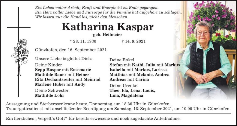 Traueranzeige Katharina Kaspar
