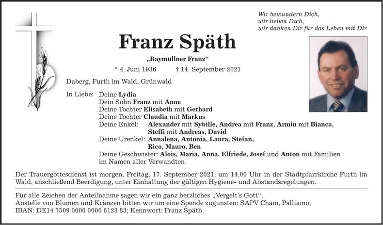 Traueranzeige Franz Späth