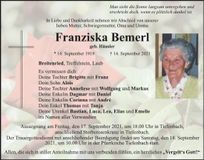 Traueranzeige Franziska Bemerl