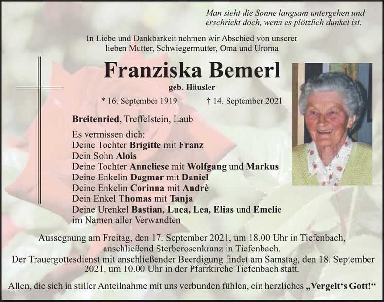 Traueranzeige Franziska Bemerl