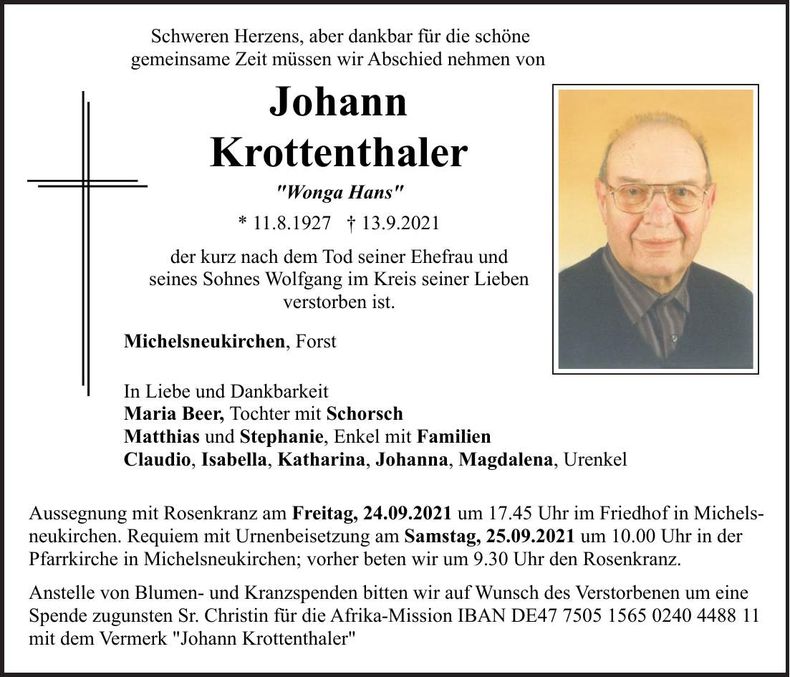 Traueranzeige Johann Krottenthaler