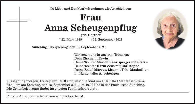 Traueranzeige Anna Scheugenpflug