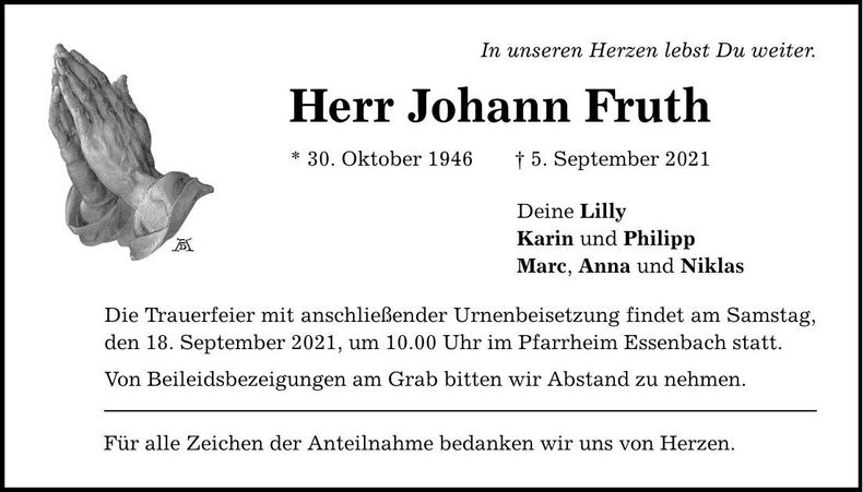 Traueranzeige Johann Fruth