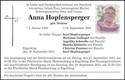 Traueranzeige Anna Hopfensperger