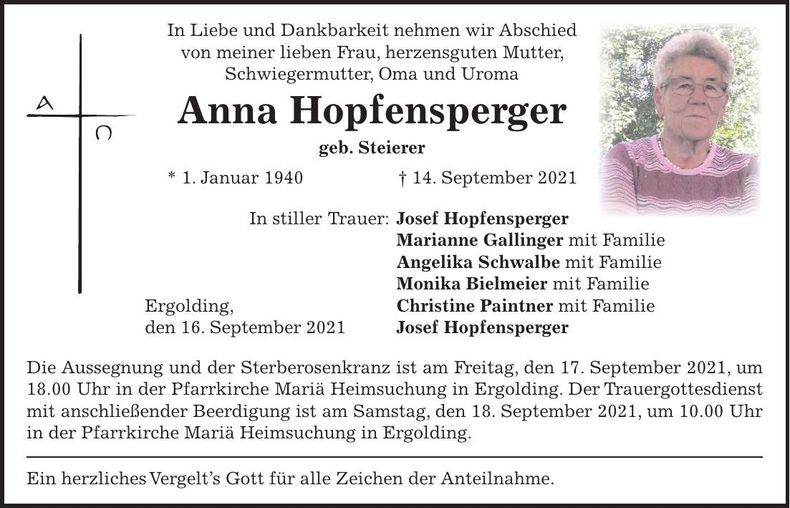 Traueranzeige Anna Hopfensperger
