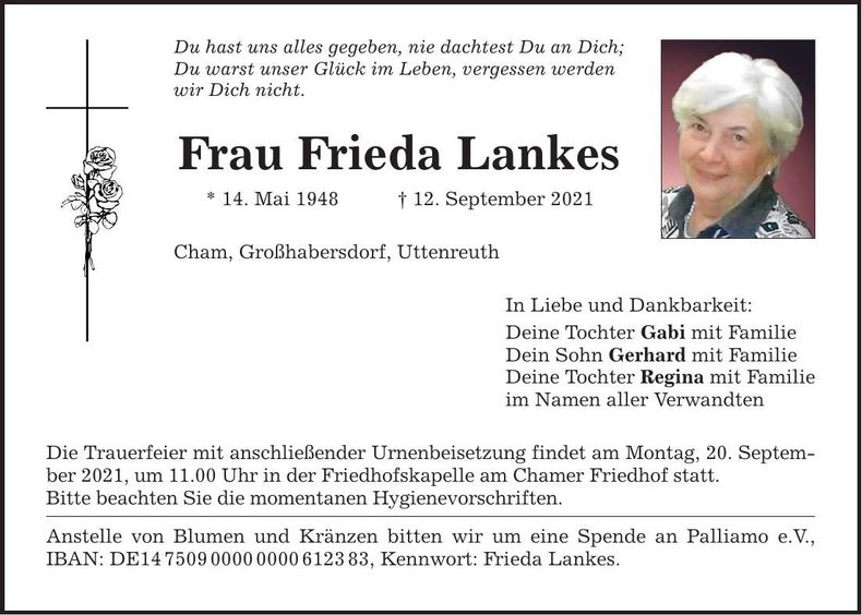 Traueranzeige Frieda Lankes
