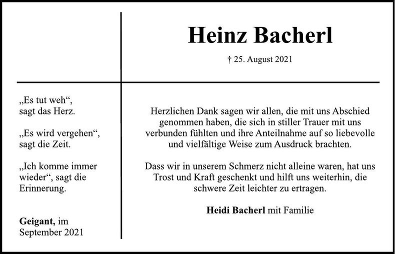 Traueranzeige Heinz Bacherl