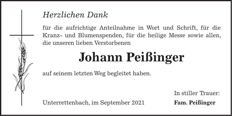 Traueranzeige Johann Peißinger