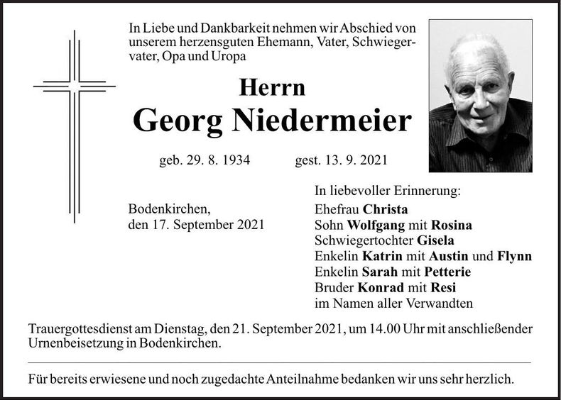 Traueranzeige Georg Niedermeier