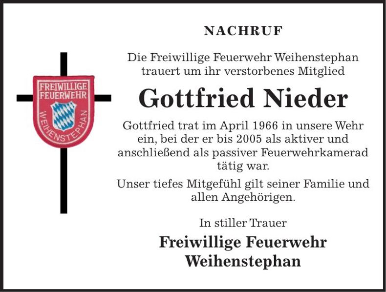 Traueranzeige Gottfried Nieder